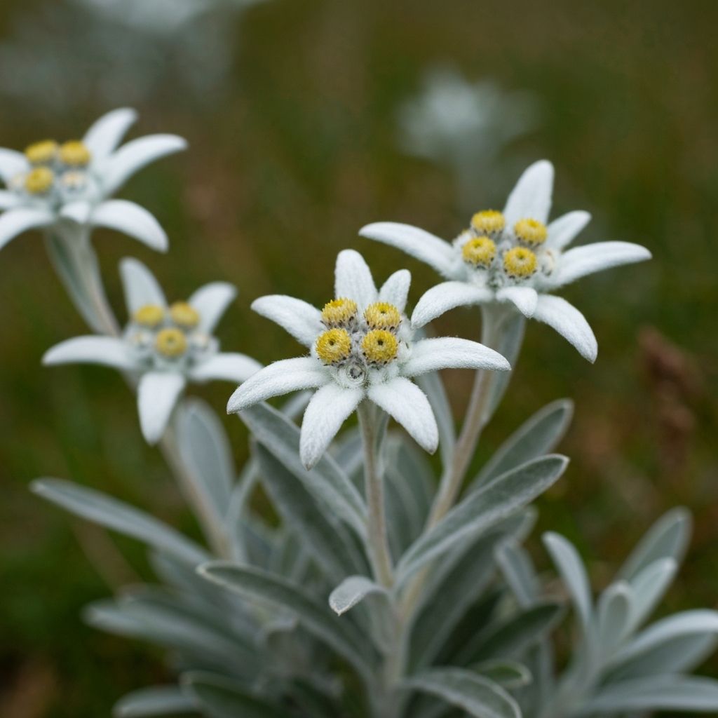 Alpine edelweiss flowers with silver-gray leaves